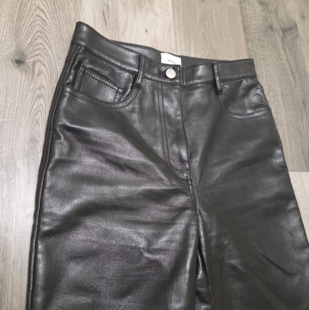 Aritzia Wilfred Black Leather Straight-Leg Pants High-Rise Minimalist Chic Luxe - Picture 4 of 11